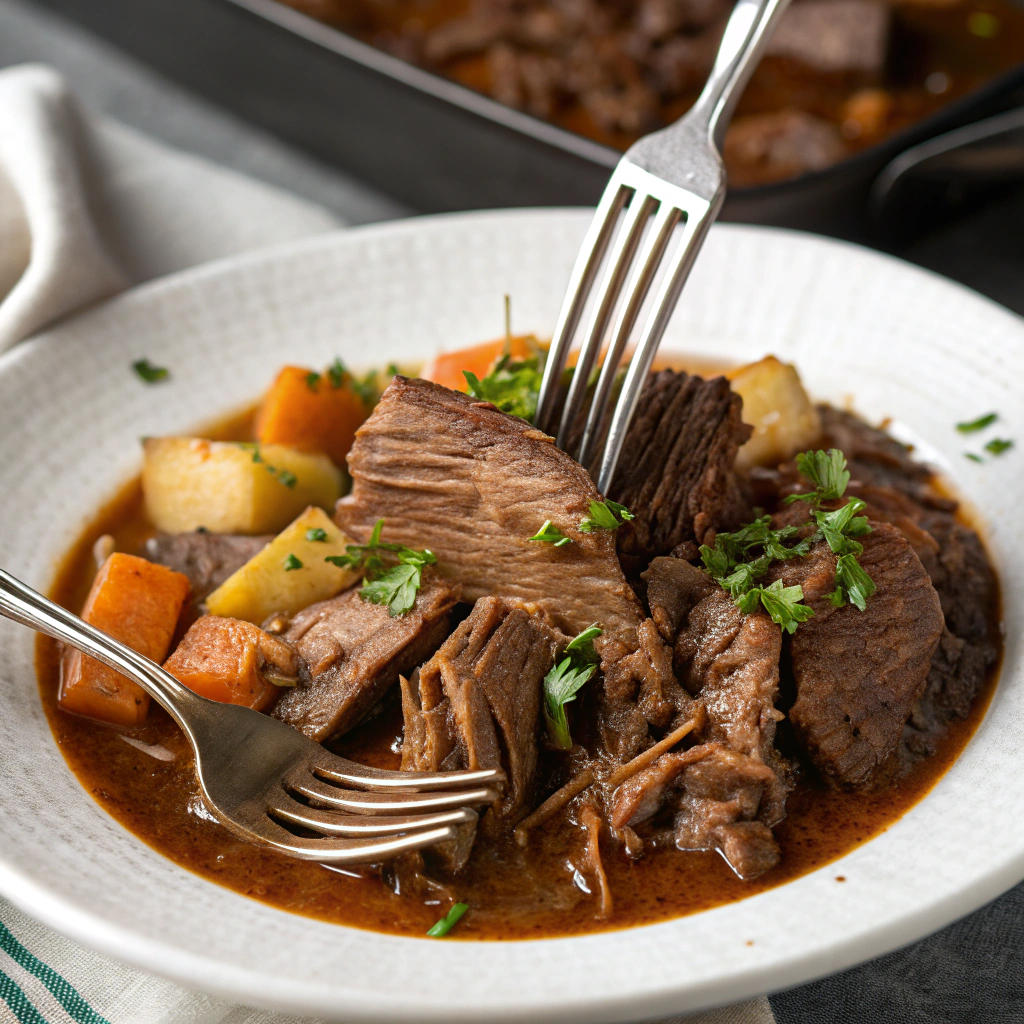 Mississippi french dip roast being pulled apart showing perfectly tender, juicy meat fibers with rich au jus