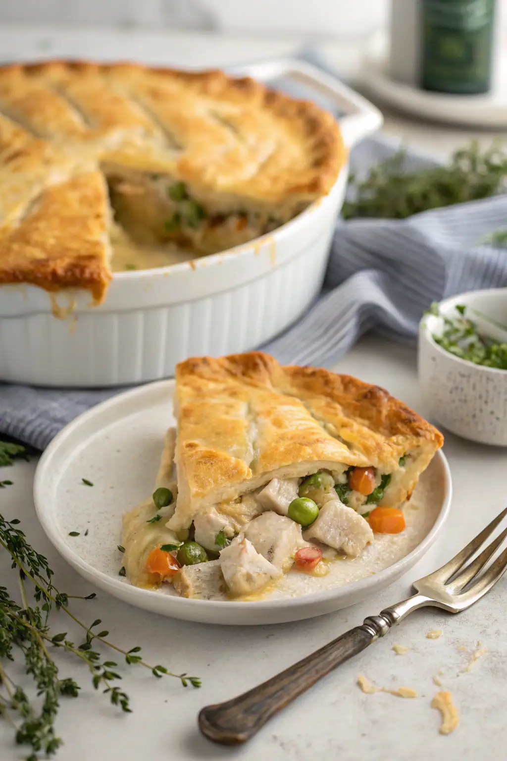 Chicken pot pie casserole with golden-brown crust and creamy filling, showing a perfectly cut corner piece revealing tender chicken and vegetables