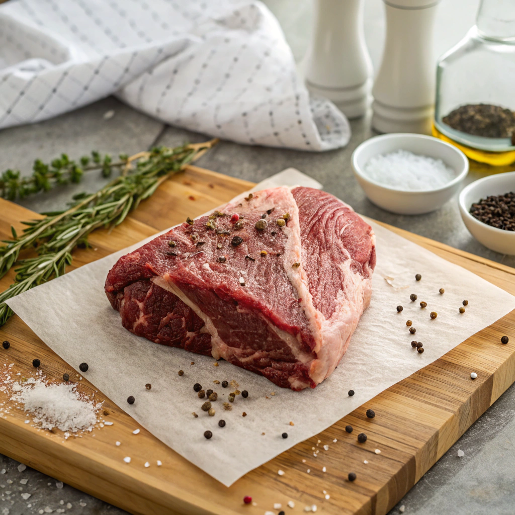 Mississippi pot roast chuck roast preparation with salt and pepper seasoning on wooden board