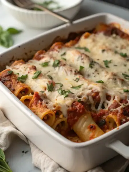 Vegan baked ziti with melted dairy-free cheese and fresh basil in rustic ceramic dish, golden brown top with bubbling edges