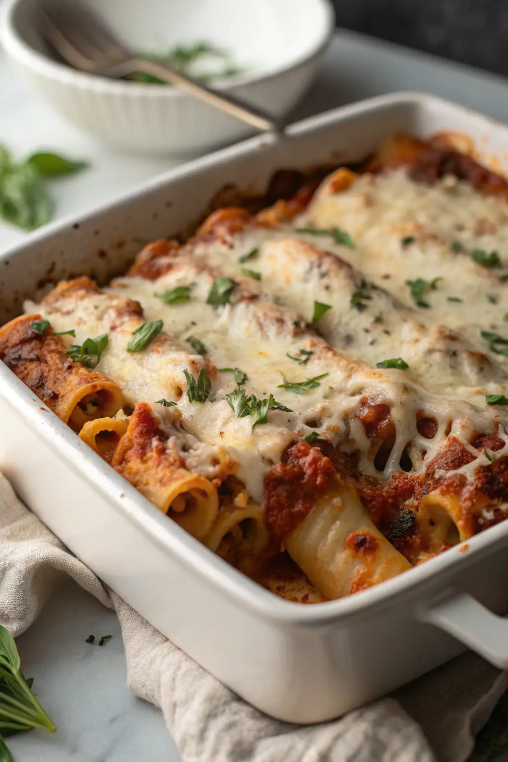 Vegan baked ziti with melted dairy-free cheese and fresh basil in rustic ceramic dish, golden brown top with bubbling edges