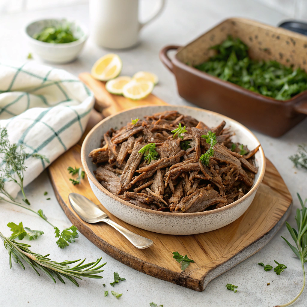 Mississippi pot roast recipe served on white platter with fresh herbs and butter-rich gravy