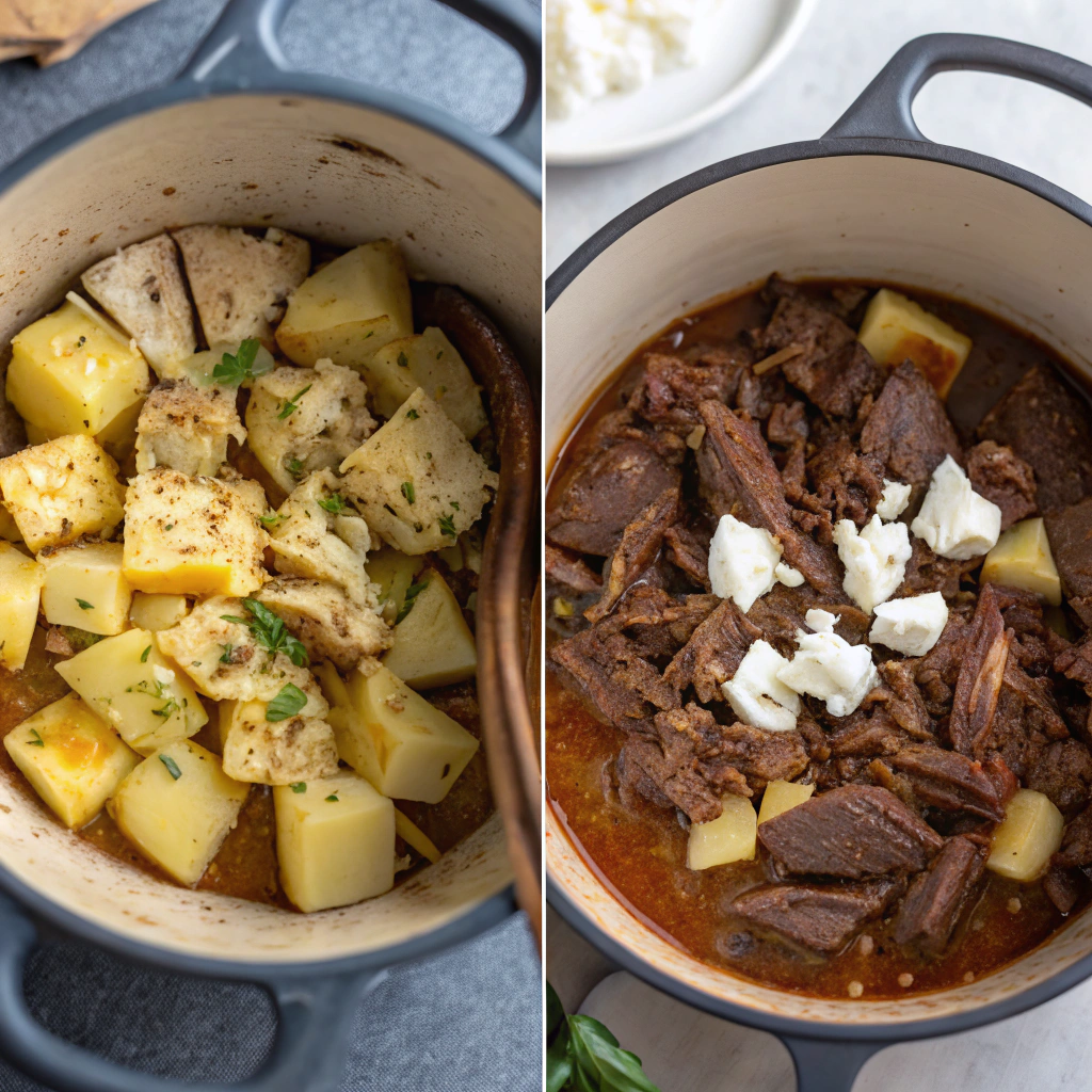 Slow cooker mississippi pot roast showing seasoning fixes with cream cheese and potatoes for adjusting salt and spice levels