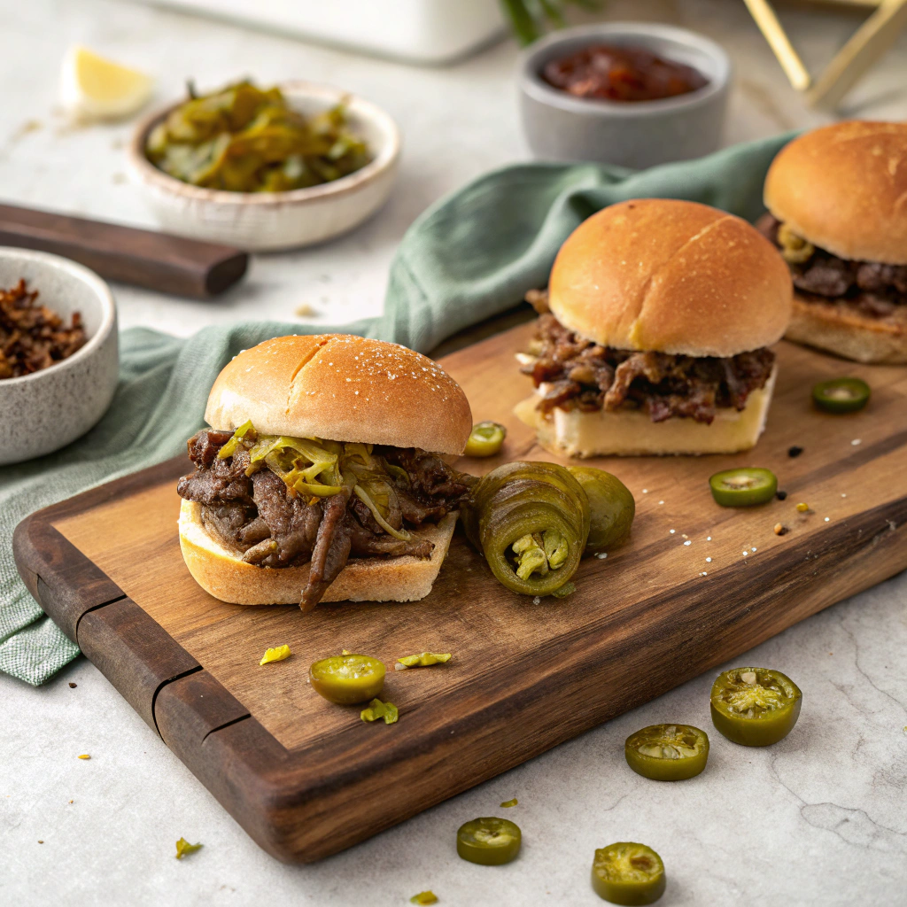 Mississippi pot roast sliders topped with pepperoncinis on wooden serving board with melted cheese and fresh herbs