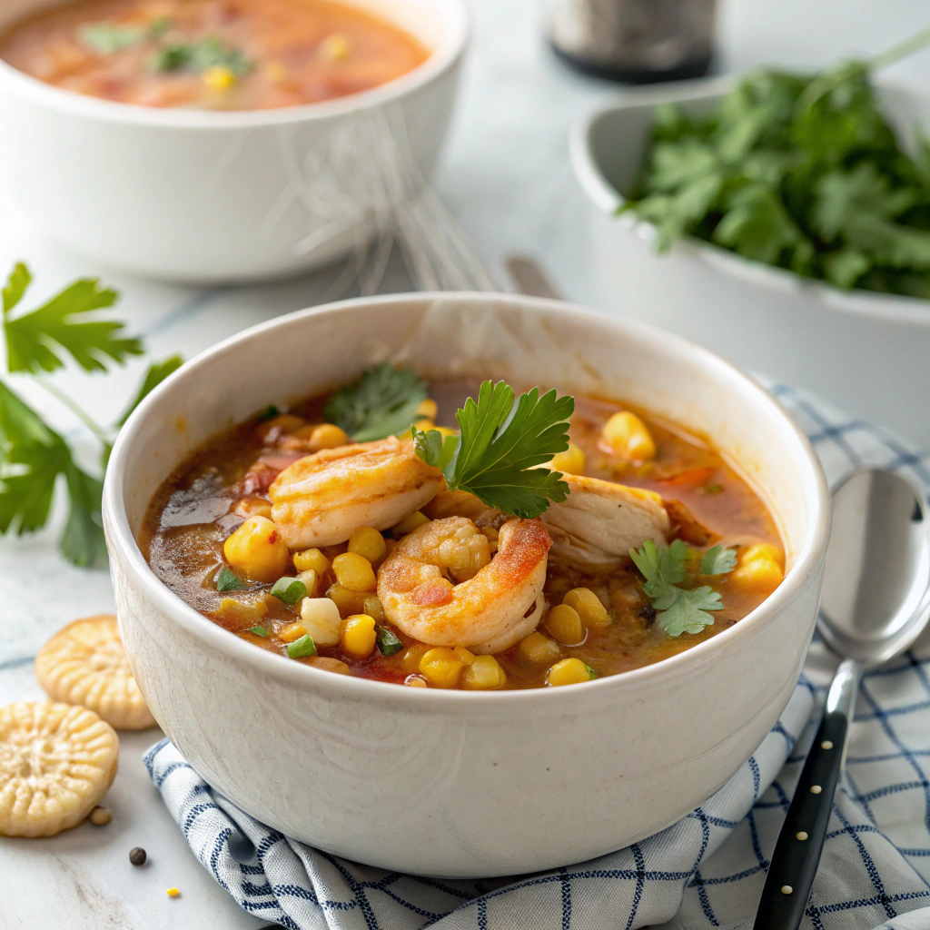 Shrimp and corn soup cajun style with fresh herbs and crusty bread on rustic wooden table