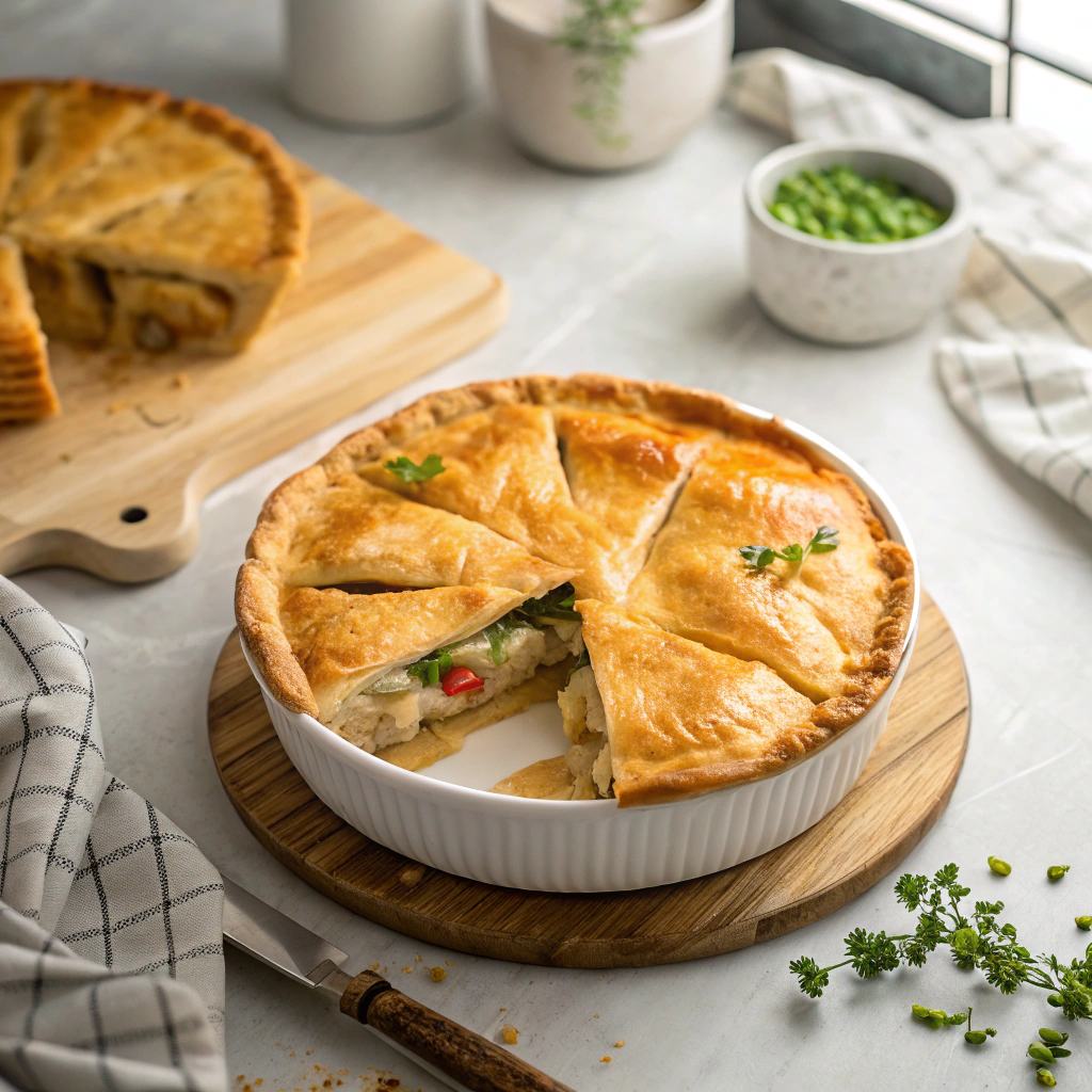 Homemade chicken pot pie with golden-brown crust and creamy filling being served, showing steam rising from fresh cut slice