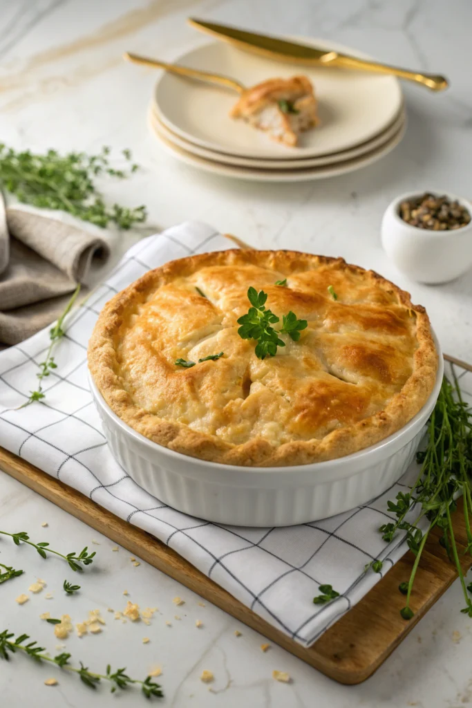 Chicken pot pie with golden-brown flaky crust and steam rising from decorative cuts, showcasing homemade comfort food perfection