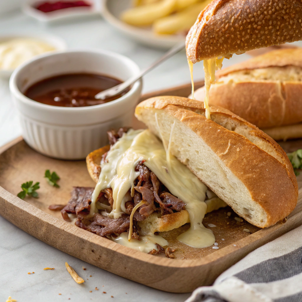 Mississippi French Dip sandwich with melted cheese pull and steaming au jus for dipping