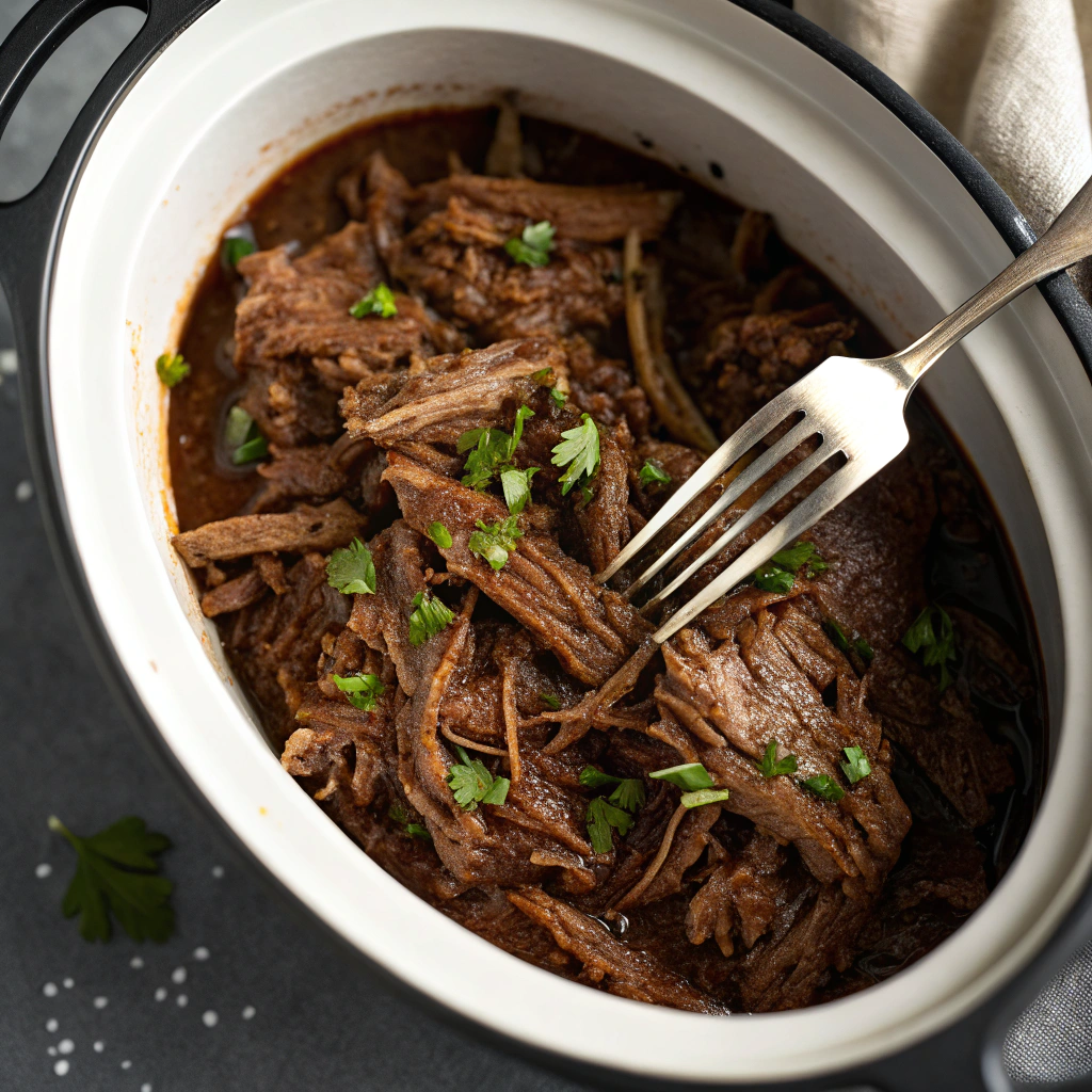 Mississippi pot roast sliders base showing perfectly shredded tender meat being pulled apart with two forks