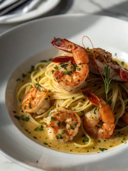 Red lobster shrimp scampi served with garlic butter sauce and fresh herbs in a white ceramic dish