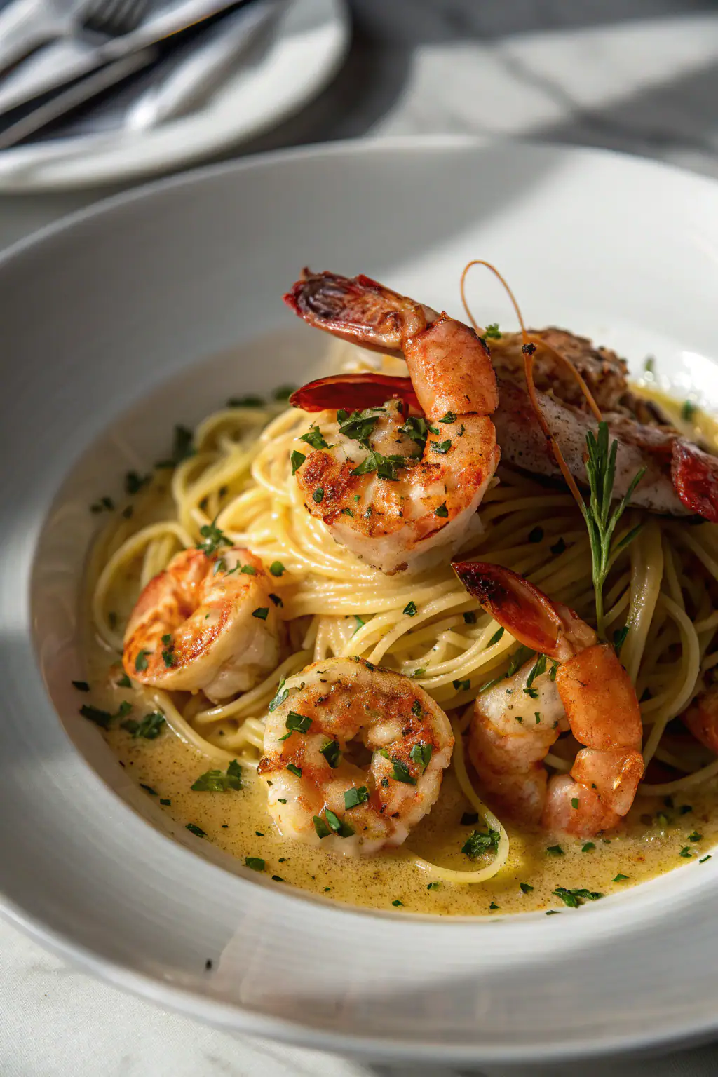 Red lobster shrimp scampi served with garlic butter sauce and fresh herbs in a white ceramic dish