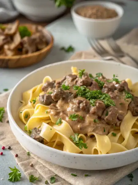 Ground beef stroganoff with creamy mushroom sauce over tender egg noodles, garnished with fresh parsley