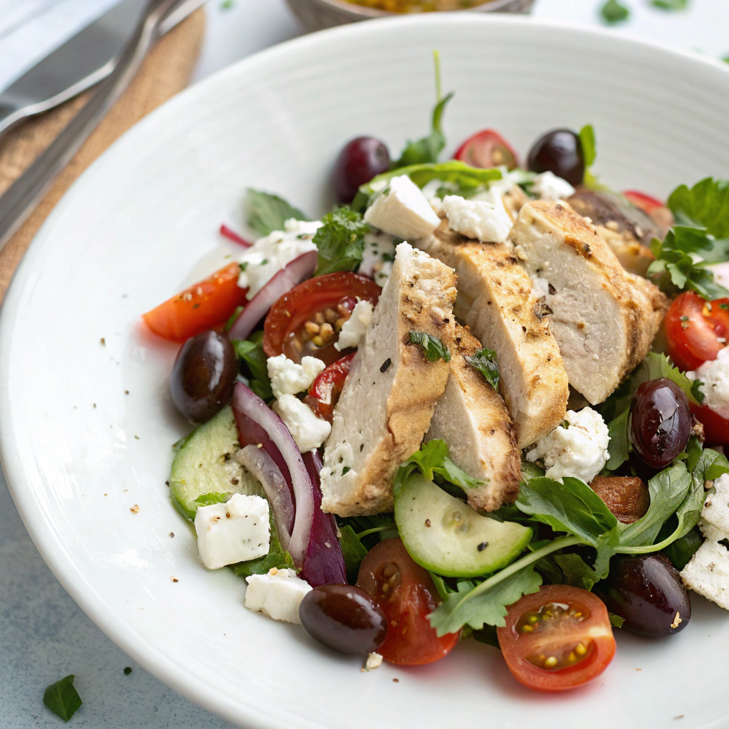 Mediterranean chicken salad with Kalamata olives, feta cheese, and fresh herbs served on white ceramic plate