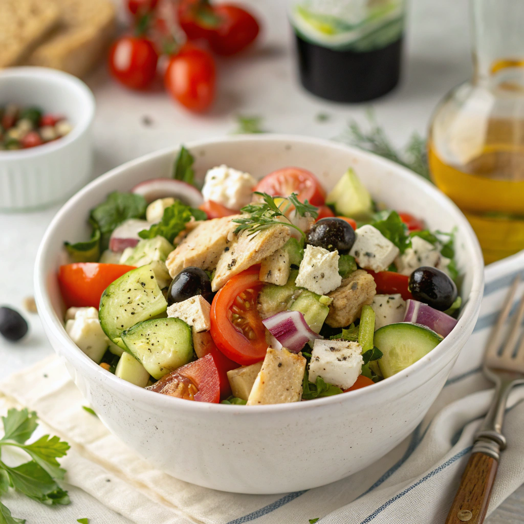 Mediterranean chicken salad with feta, olives, and fresh herbs in white ceramic bowl