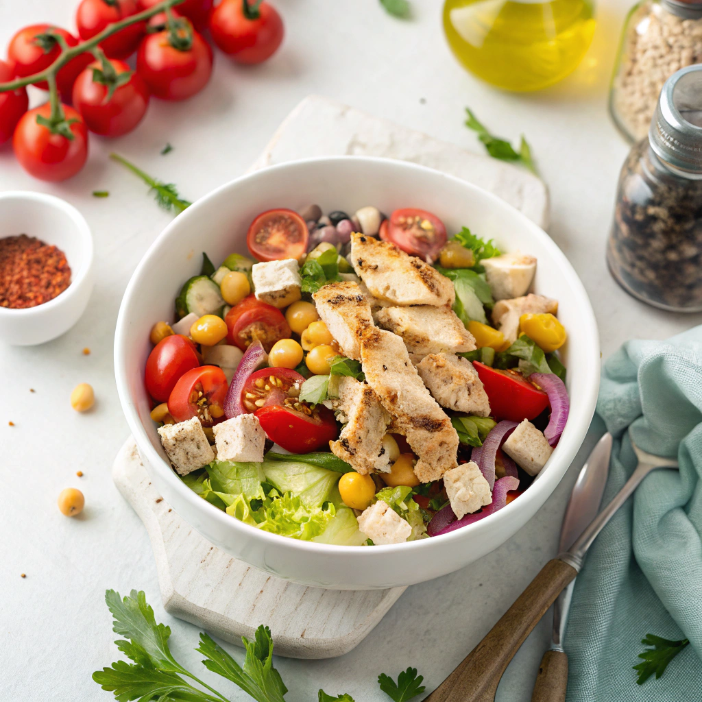 Mediterranean chopped chicken salad with feta, olives, and fresh herbs in white bowl