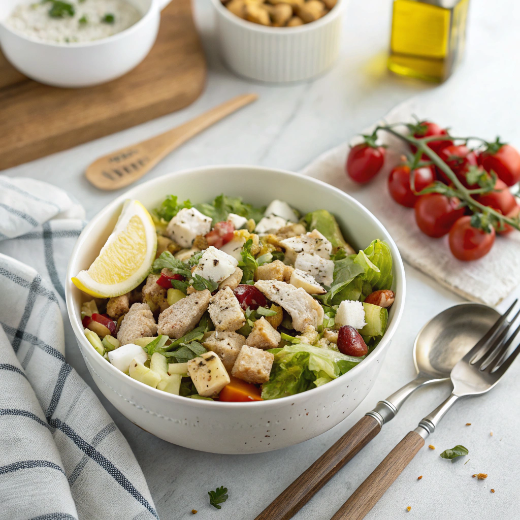 Mediterranean chopped chicken salad with colorful vegetables and feta cheese in white bowl