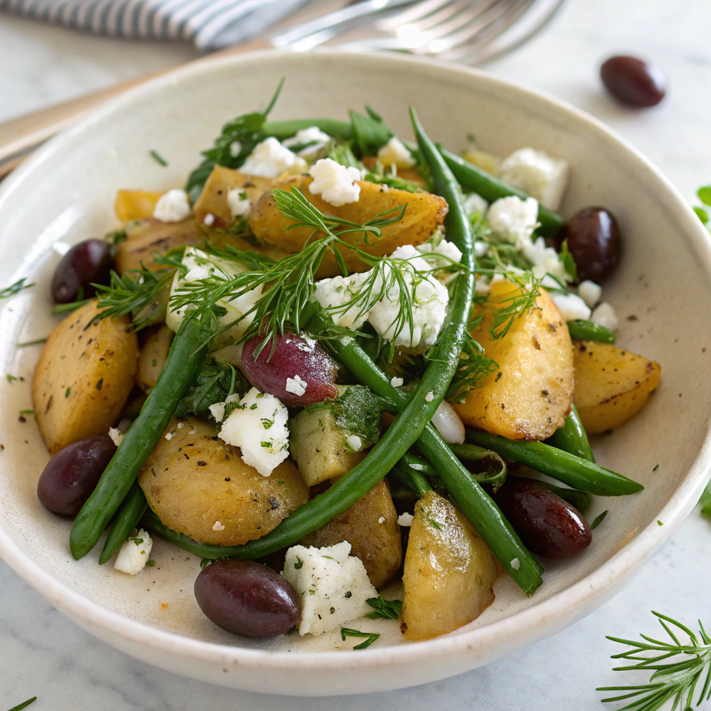 Potato and green bean salad with Mediterranean herbs, feta cheese, and Kalamata olives arranged on white ceramic plate