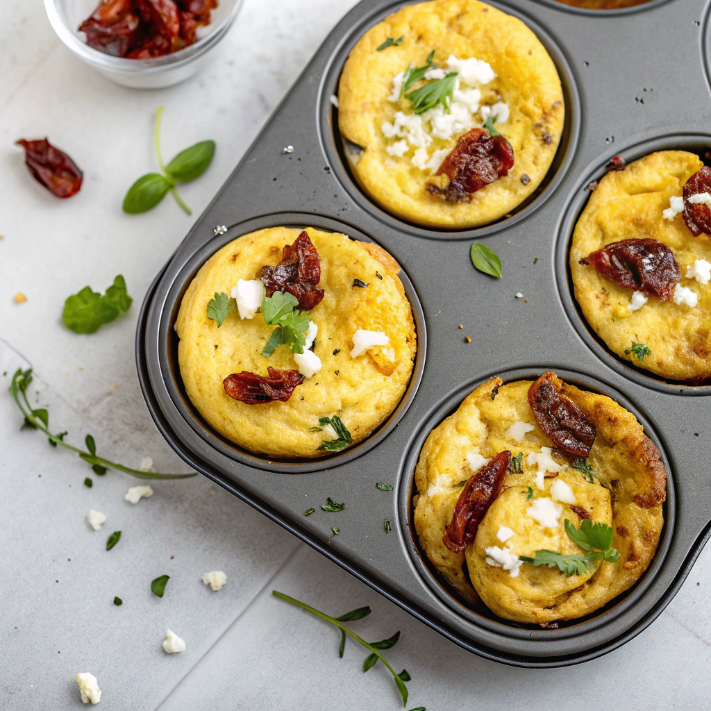 egg frittata muffins with Mediterranean ingredients including feta, sun-dried tomatoes, and fresh herbs in muffin tin