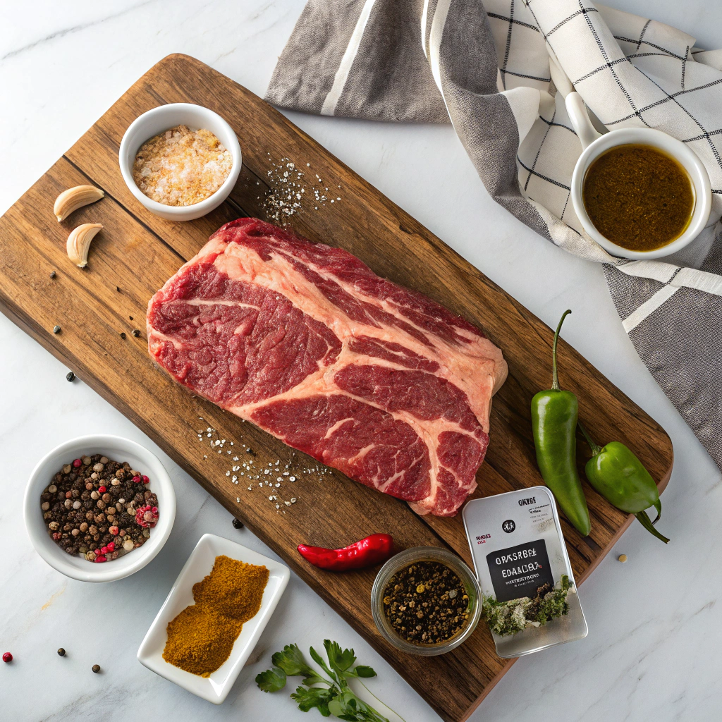 Mississippi pot roast ingredients including chuck roast, seasonings, ranch packet, au jus mix, and pepperoncini peppers on wooden board