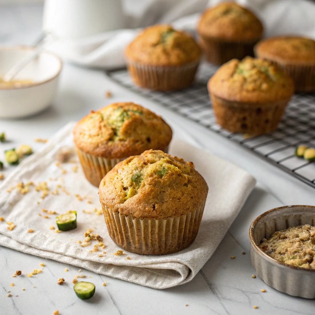 Gluten-free banana zucchini muffins with perfect golden tops and moist crumb structure on marble counter