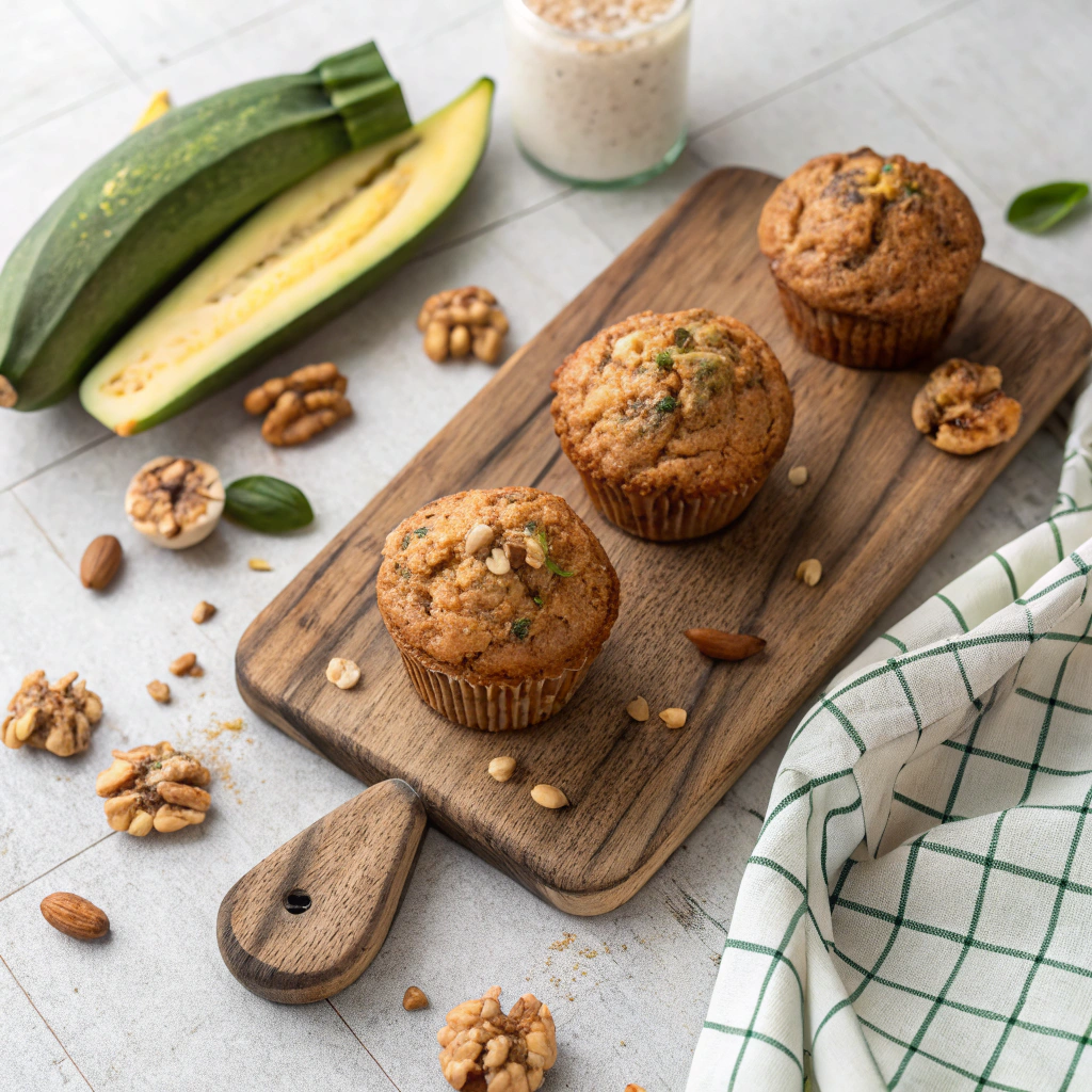 Moist banana zucchini muffins with golden tops and nuts, served on rustic wooden board