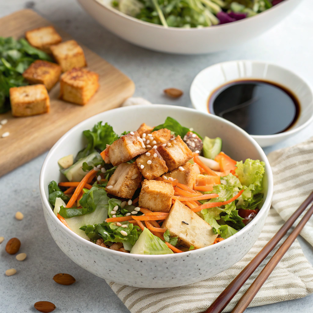 Asian tofu salad with colorful vegetables and herbs in white bowl, topped with crushed peanuts