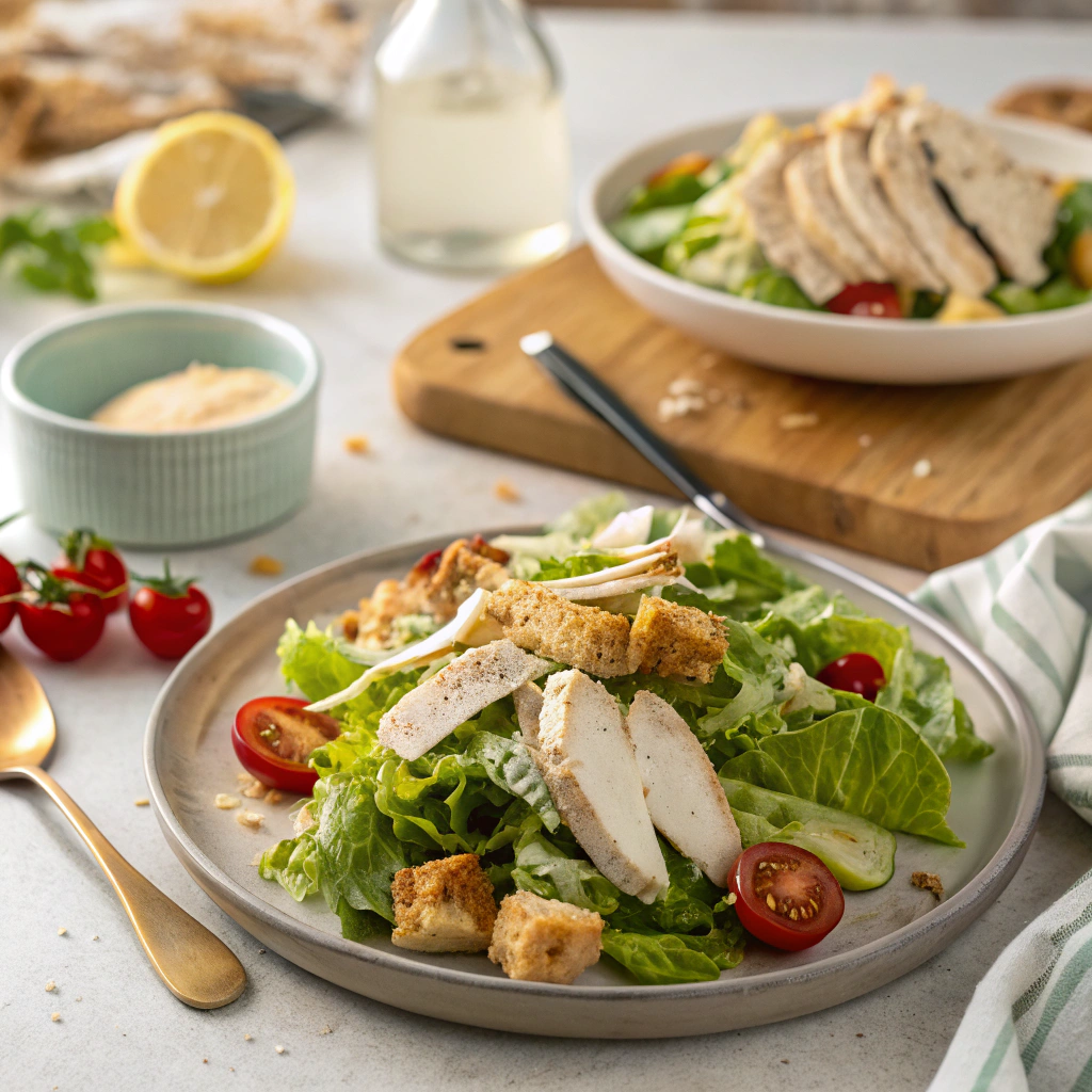 Tossed chicken salad with colorful vegetables and homemade dressing being served on white ceramic plates.