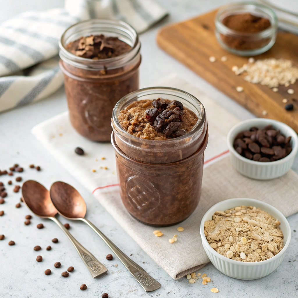 chocolate overnight oats texture comparison showing proper vs runny consistency with measuring tools