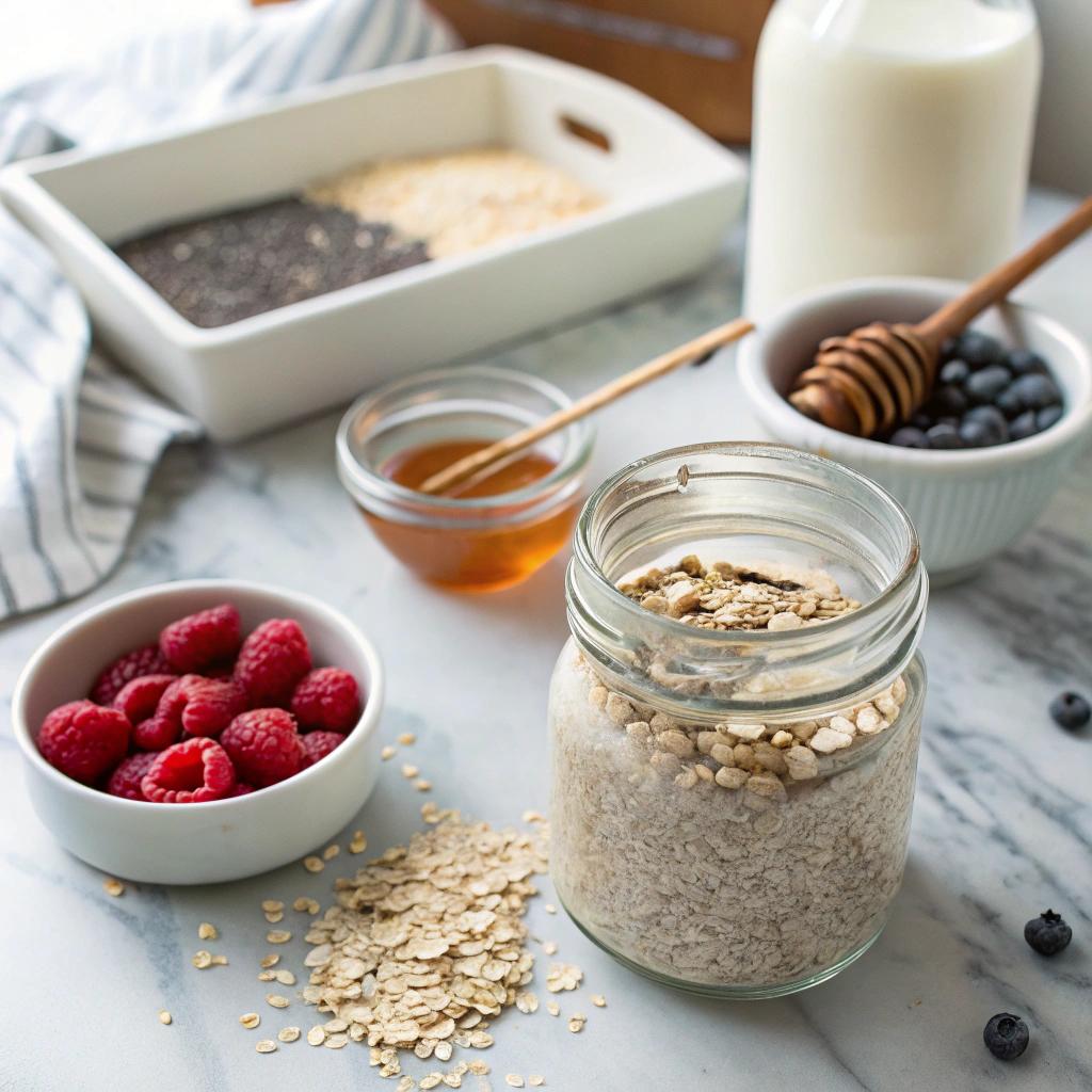 overnight oats ingredients arranged neatly on marble counter - mason jar, oats, milk, and toppings