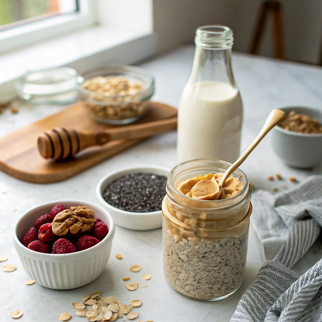 peanut butter overnight oats ingredients arranged neatly with mason jar and measuring spoons on marble counter