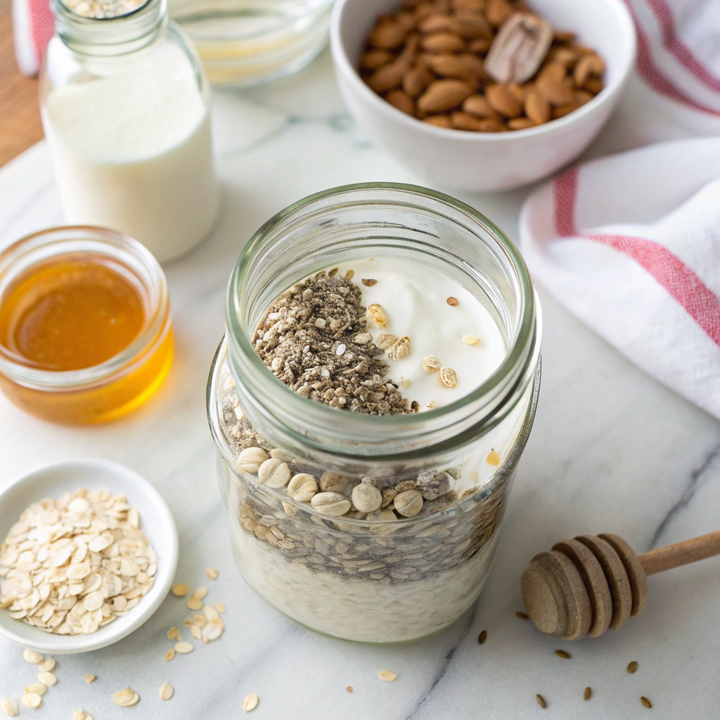 overnight oats ingredients arranged separately showing perfect ratios for basic recipe preparation