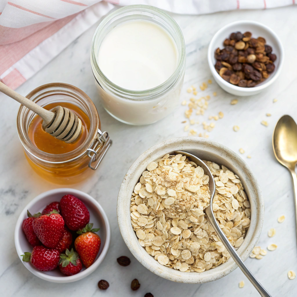 overnight oats recipe ingredients arranged neatly on marble counter with mason jar and measuring spoons