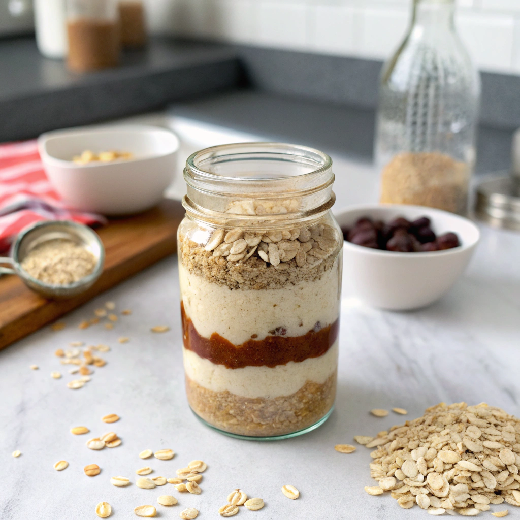 overnight oats recipe showing perfect 1:1 liquid-to-oat ratio in clear glass jar with measuring tools