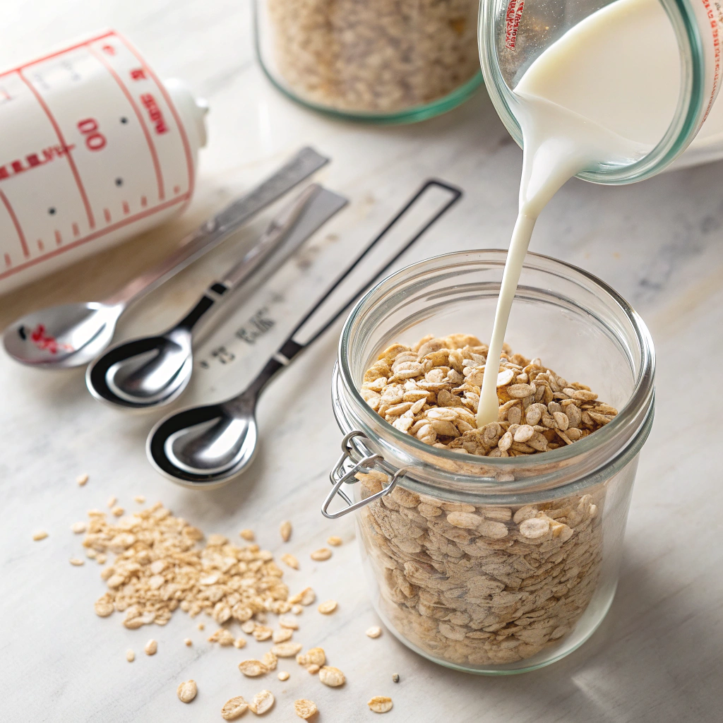 overnight oats perfect ratio demonstration with measuring cup pouring milk into jar of oats