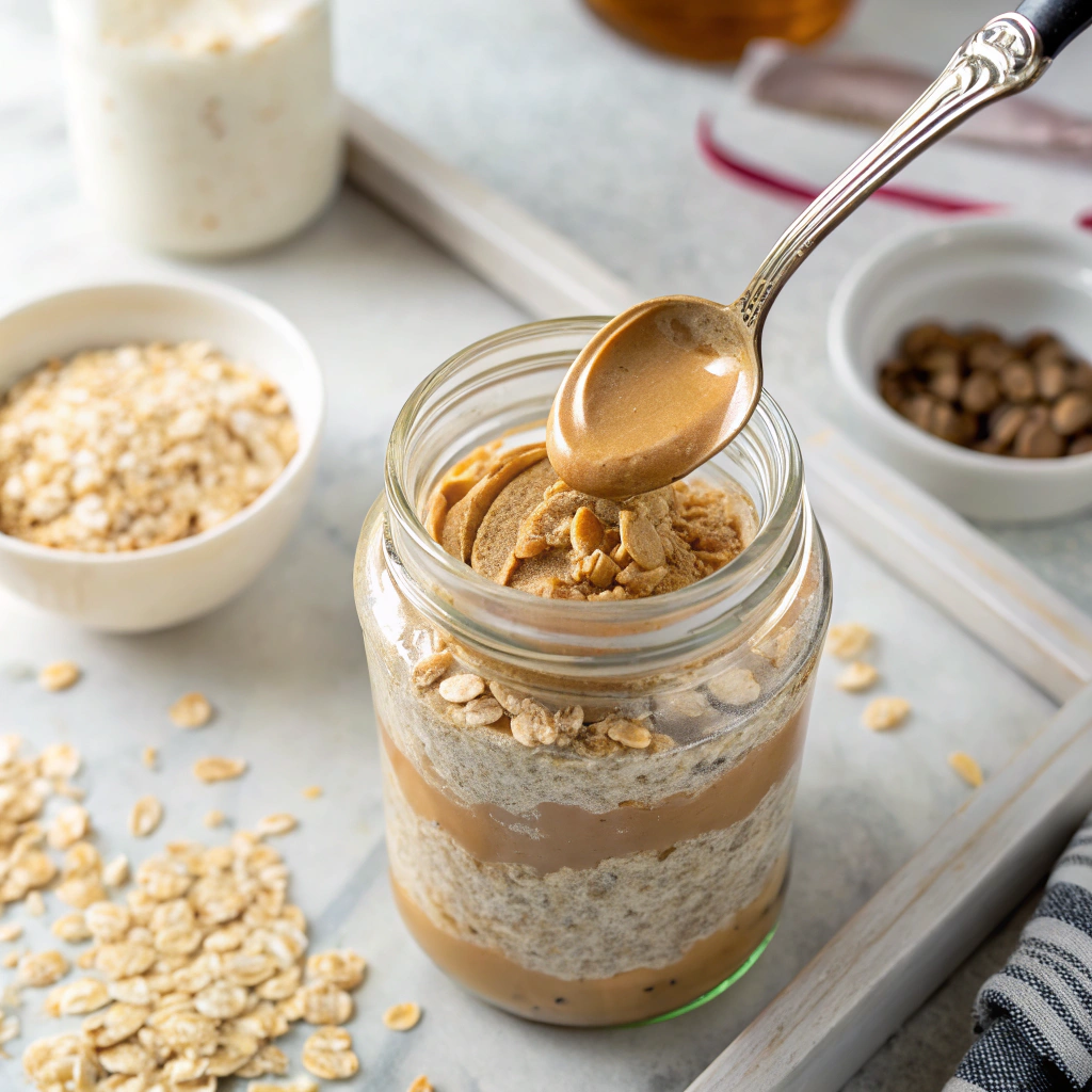 peanut butter overnight oats perfect ratio demonstration with measuring spoons and ingredients