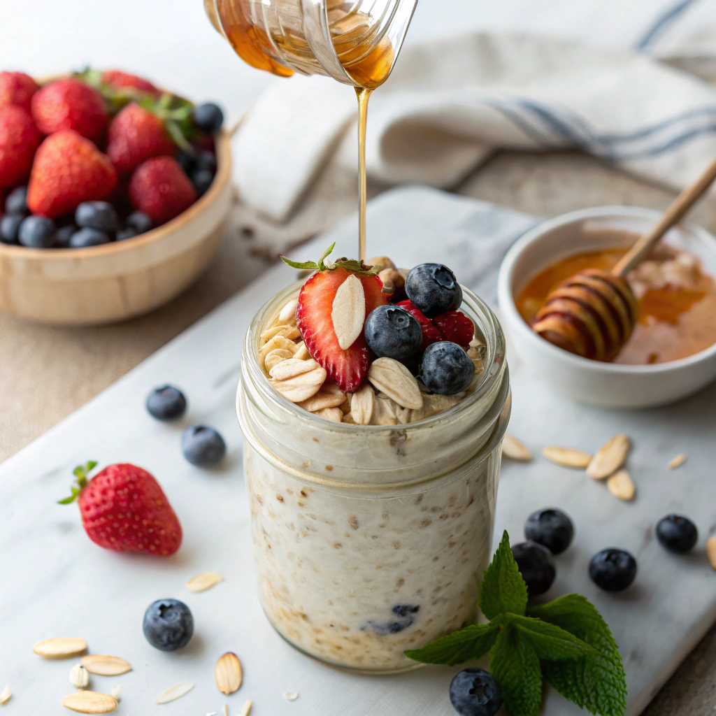 Overnight oats recipe topped with fresh berries and nuts in a rustic mason jar, ready to eat