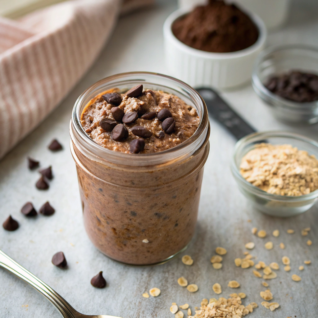 Chocolate protein overnight oats temperature control demonstration with digital thermometer showing ideal 65°F mixing point