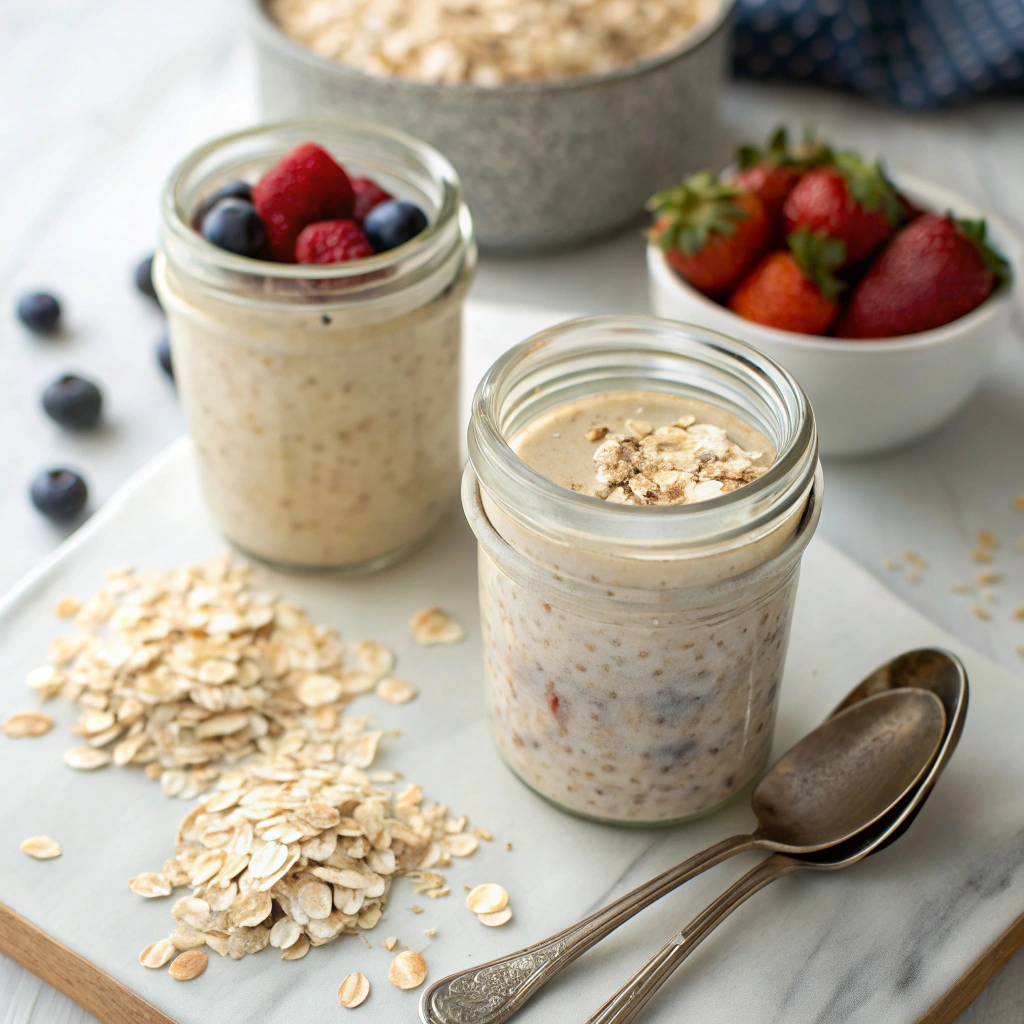 Peanut butter overnight oats texture comparison showing correct and incorrect consistency with measuring tools