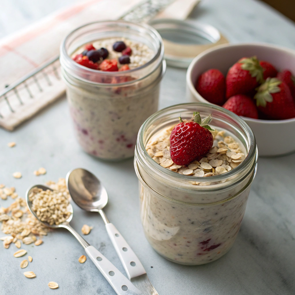 overnight oats texture comparison showing perfect versus runny consistency with measuring spoons