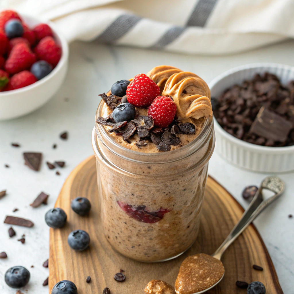 Chocolate protein overnight oats topped with fresh berries and chocolate shavings in a mason jar