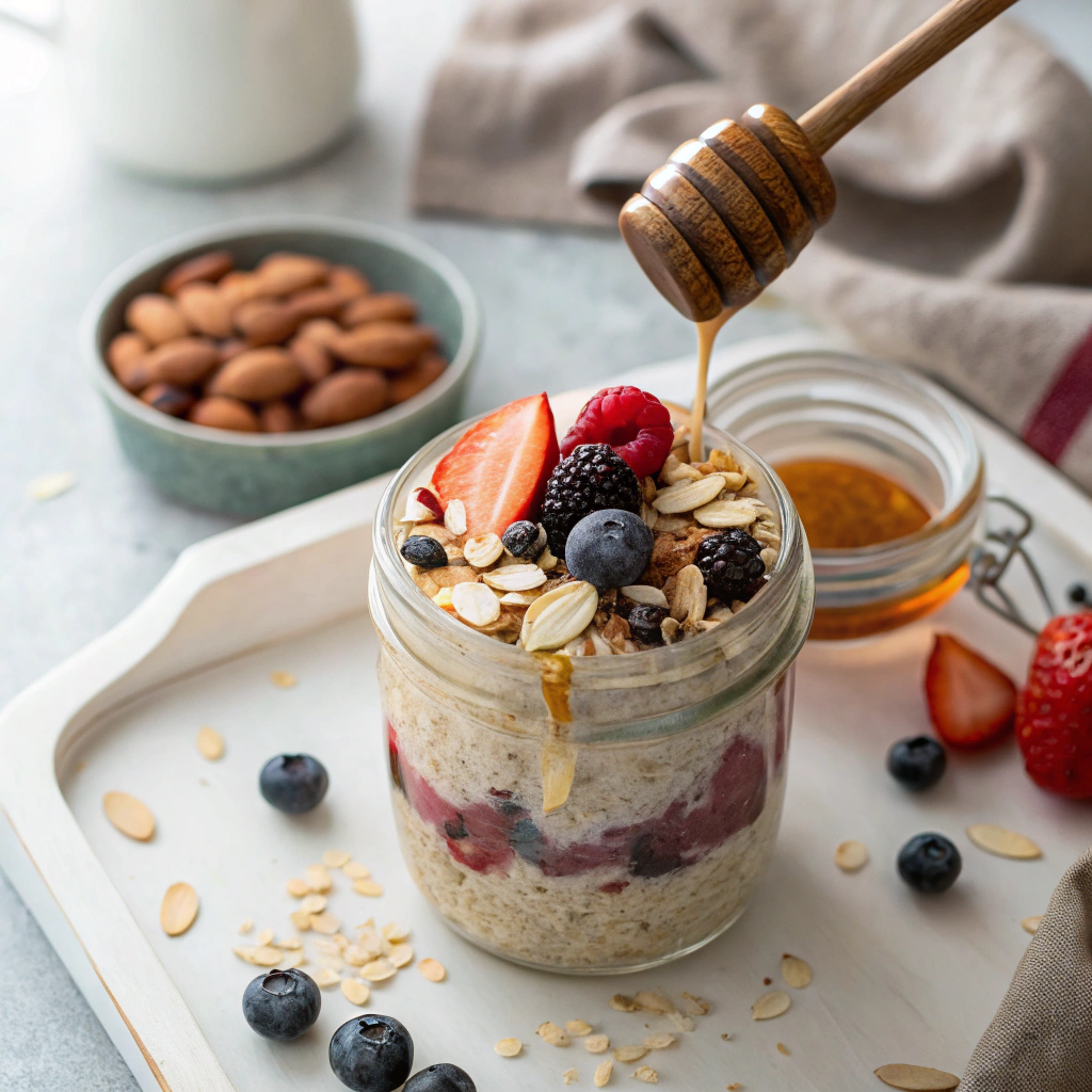 overnight oats recipe topped with fresh berries, almonds, and honey in a glass mason jar