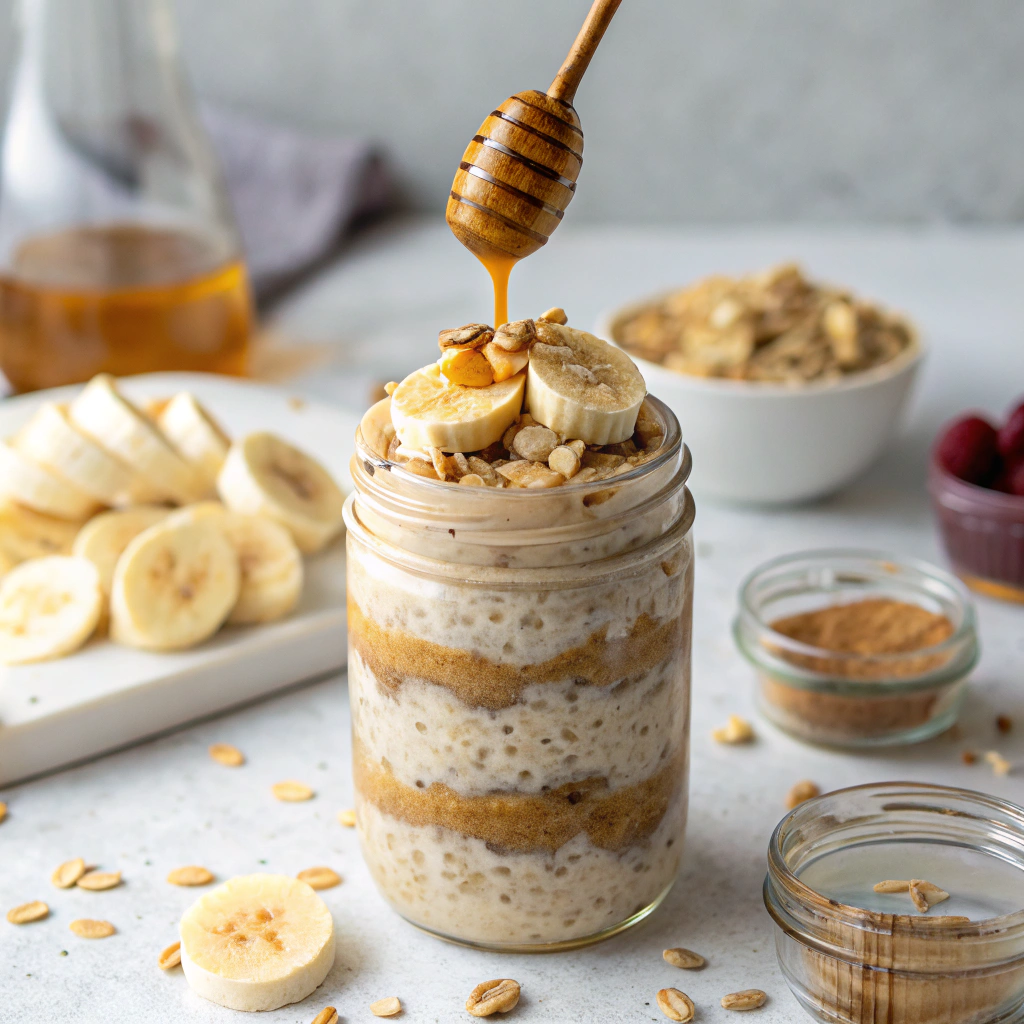 Peanut butter overnight oats topped with banana slices and honey drizzle in a mason jar