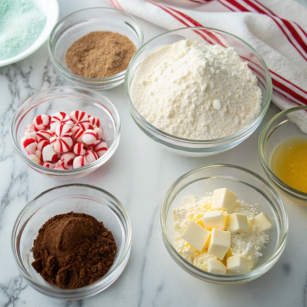 Peppermint cookies recipe ingredients measured in glass bowls including flour, sugars, and crushed candy canes on marble counter