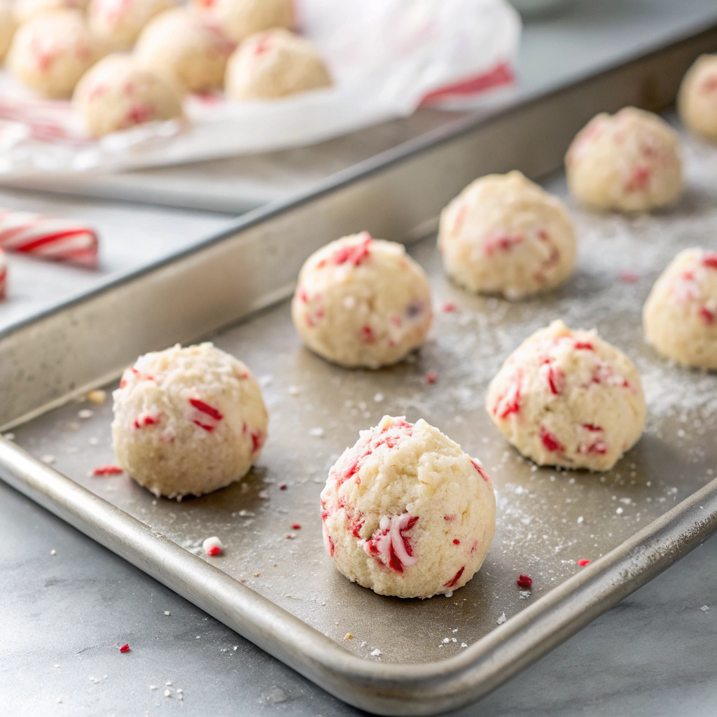 Peppermint cookies recipe temperature control demonstration with digital thermometer and chilled dough balls