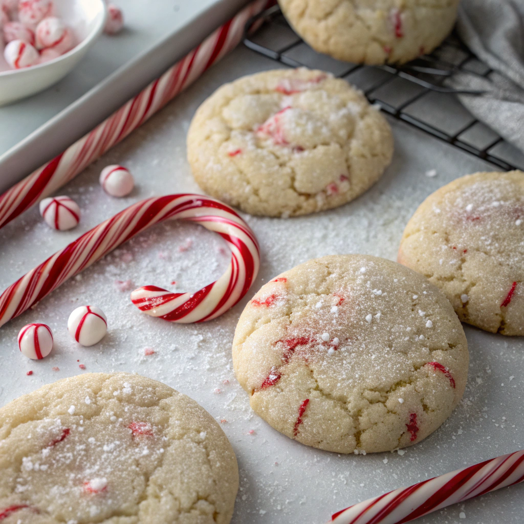 Peppermint cookies with crushed candy cane pieces and sparkling sugar crystals, arranged with whole candy canes