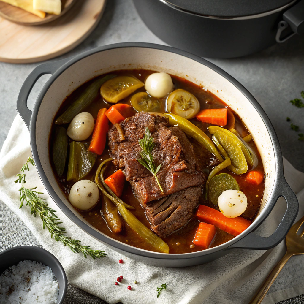 Mississippi pot roast traditional Southern style with pepperoncini peppers, carrots, and pearl onions in rich gravy