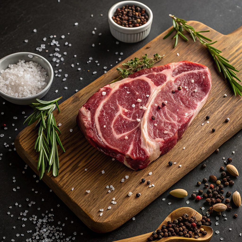 Mississippi pot roast recipe preparation with marbled chuck roast, seasoning, and herbs on wooden cutting board