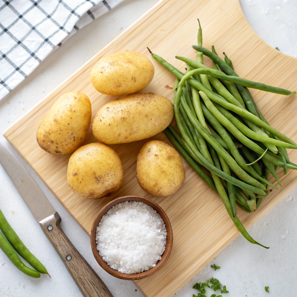 potato and green bean salad ingredients including fresh Yukon Gold potatoes and crisp green beans on wooden board