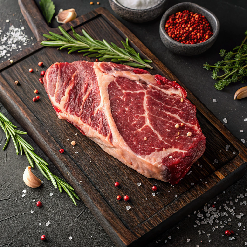 Raw chuck roast for slow cooker mississippi pot roast showing perfect marbling and fat distribution on dark wooden board