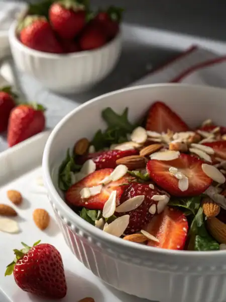 Almond strawberry salad with fresh greens and light vinaigrette in white ceramic bowl, topped with toasted nuts